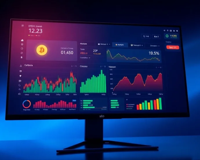Real-time aicoin market data displayed on a sophisticated dashboard with colorful charts and security icons, highlighting trading safety and analytics.