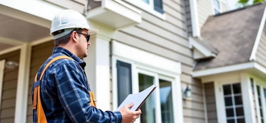 Siding contractor performing a meticulous siding inspection on a house with durable vinyl and fiber cement siding, showcasing craftsmanship and attention to detail.
