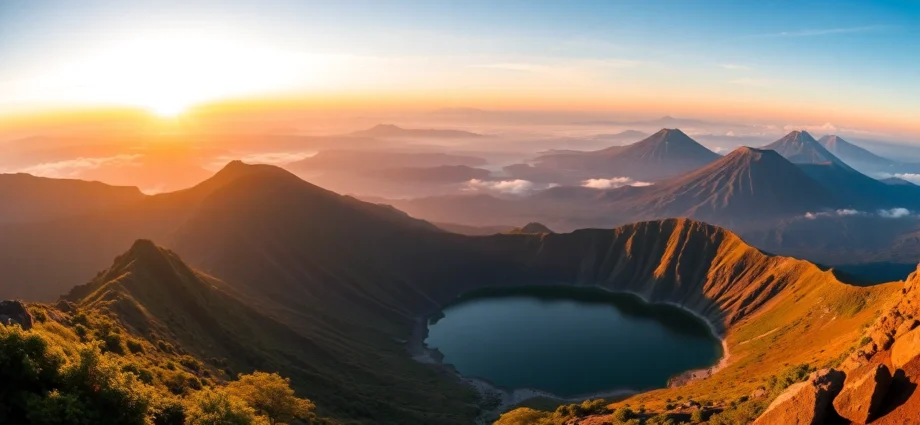 Majestic Mount Rinjani overlooking lush forests and crater lake, showcasing Indonesia’s iconic volcano summit.