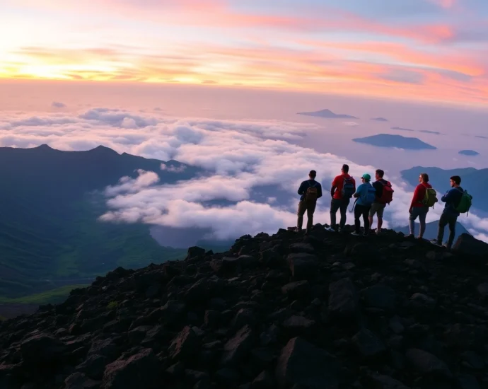 An inspiring sunrise view of Mount Rinjani's summit with hikers overlooking the crater rim, showcasing vibrant colors and rugged volcanic terrain.