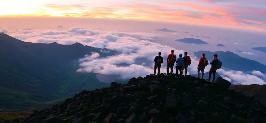 An inspiring sunrise view of Mount Rinjani's summit with hikers overlooking the crater rim, showcasing vibrant colors and rugged volcanic terrain.