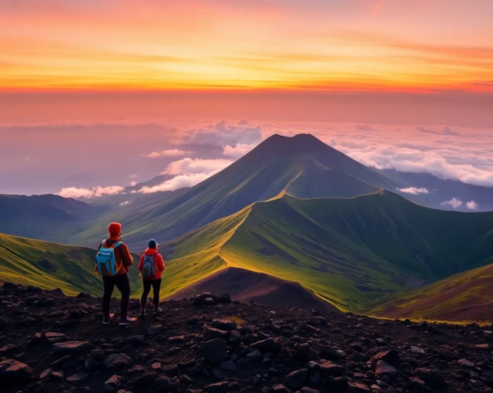 Hikers watching sunrise from Mount Rinjani's crater rim with scenic volcanic landscape