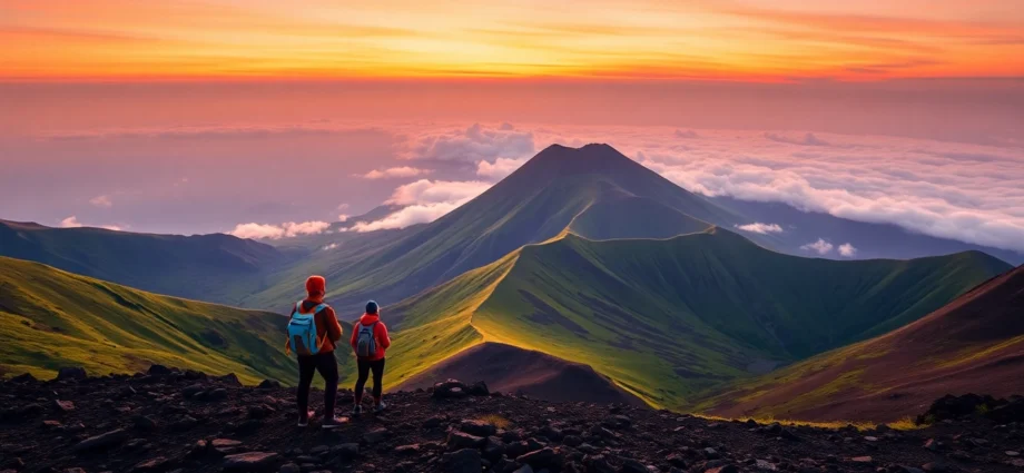 Hikers watching sunrise from Mount Rinjani's crater rim with scenic volcanic landscape