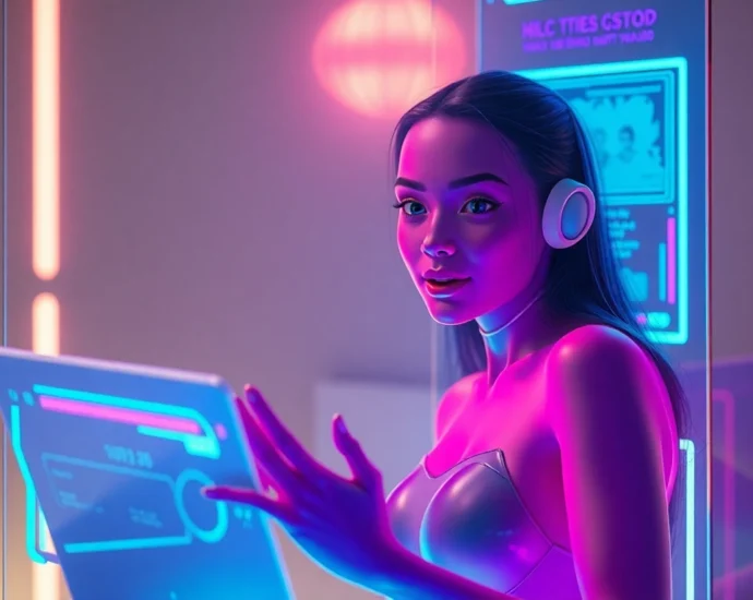 Futuristic digital interface with a virtual AI girlfriend character in a neon-lit room, emphasizing immersive and expressive visuals.
