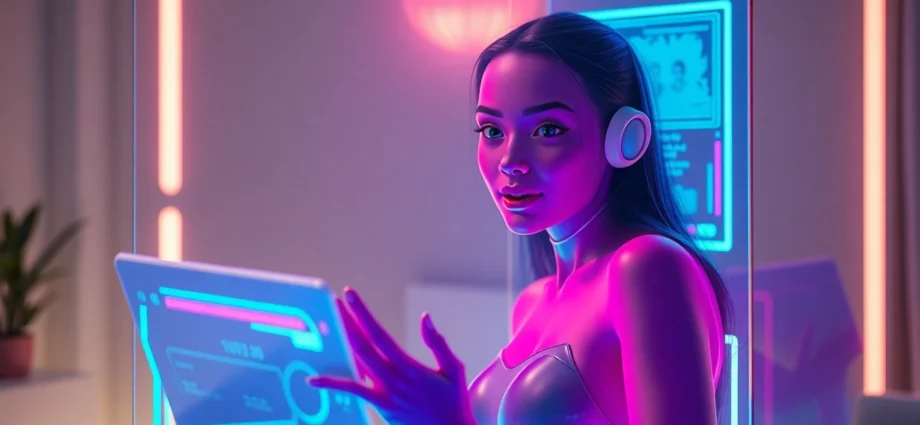 Futuristic digital interface with a virtual AI girlfriend character in a neon-lit room, emphasizing immersive and expressive visuals.