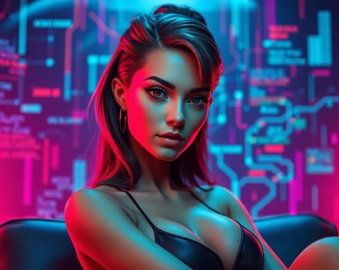 Futuristic female AI character in a neon-lit digital environment, embodying boldness and sensuality.