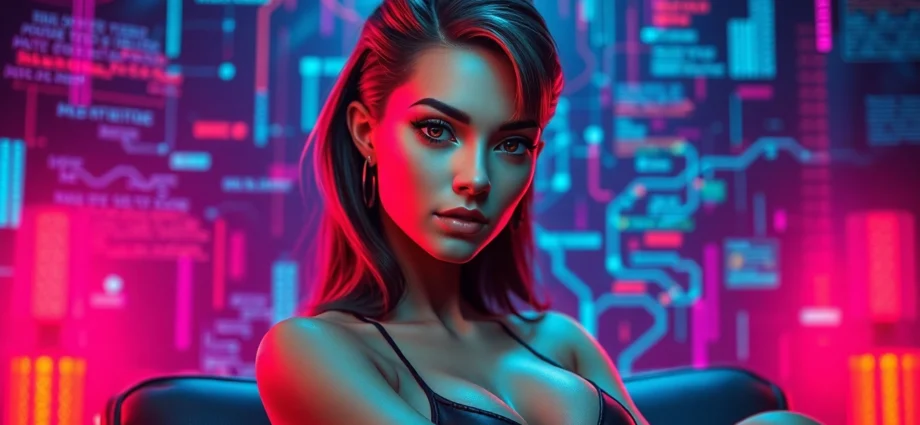 Futuristic female AI character in a neon-lit digital environment, embodying boldness and sensuality.