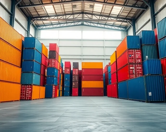 Efficient container rental solutions showcasing stacked shipping containers ready for use at a UK rental yard, emphasizing storage and transport flexibility.