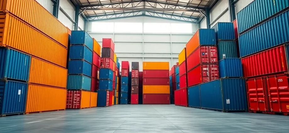 Efficient container rental solutions showcasing stacked shipping containers ready for use at a UK rental yard, emphasizing storage and transport flexibility.