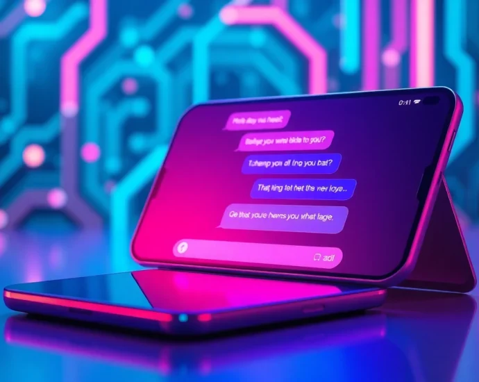An AI chatbot interface on a modern device with neon-lit high-tech background, showcasing playful conversation bubbles in a cyberpunk style.