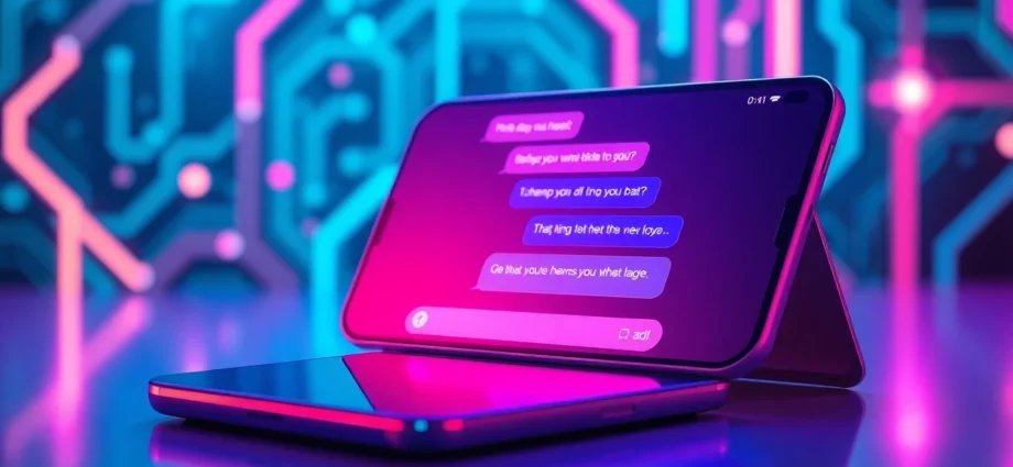 An AI chatbot interface on a modern device with neon-lit high-tech background, showcasing playful conversation bubbles in a cyberpunk style.