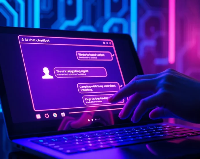 Close-up of a futuristic chatbot interface on a high-tech screen with neon lighting and holographic AI elements.
