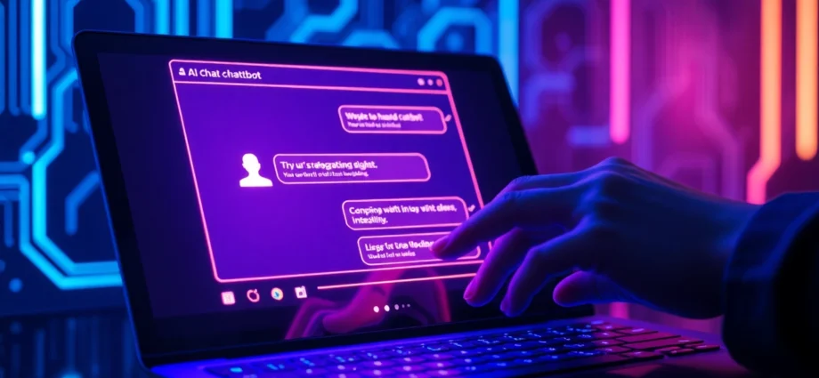 Close-up of a futuristic chatbot interface on a high-tech screen with neon lighting and holographic AI elements.