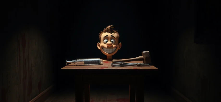 A disturbing scene of Harvey with tools of violence in a dark, gritty room, evoking psychological horror and moral tension.