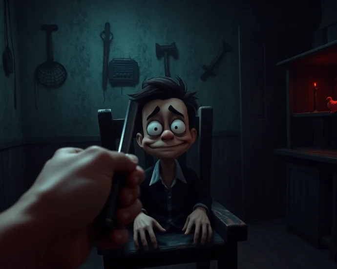 A distressed cartoonish character named Harvey sitting in a dark room with ominous tools nearby, evoking a tense, unsettling atmosphere.