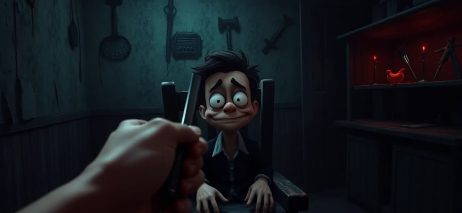 A distressed cartoonish character named Harvey sitting in a dark room with ominous tools nearby, evoking a tense, unsettling atmosphere.