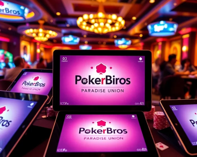 Pokerbros Paradise Union online poker community with players enjoying games on digital devices, emphasizing connection and excitement.