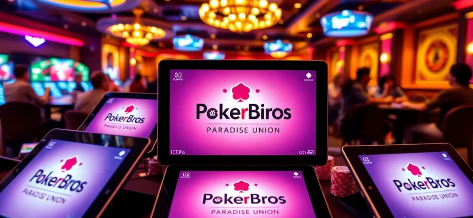 Pokerbros Paradise Union online poker community with players enjoying games on digital devices, emphasizing connection and excitement.