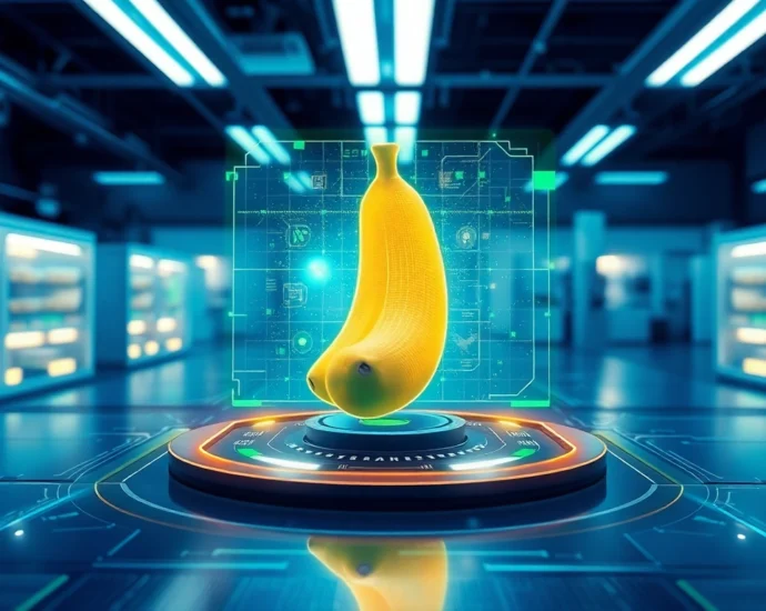 Futuristic AI interface displaying a holographic banana with digital grid overlays in a high-tech lab setting.