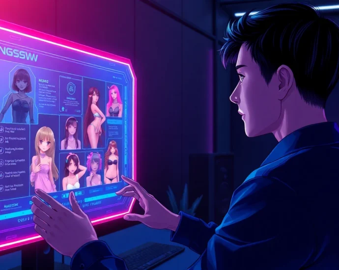 Futuristic AI interface displaying hyper-realistic NSFW visuals in a high-tech workspace