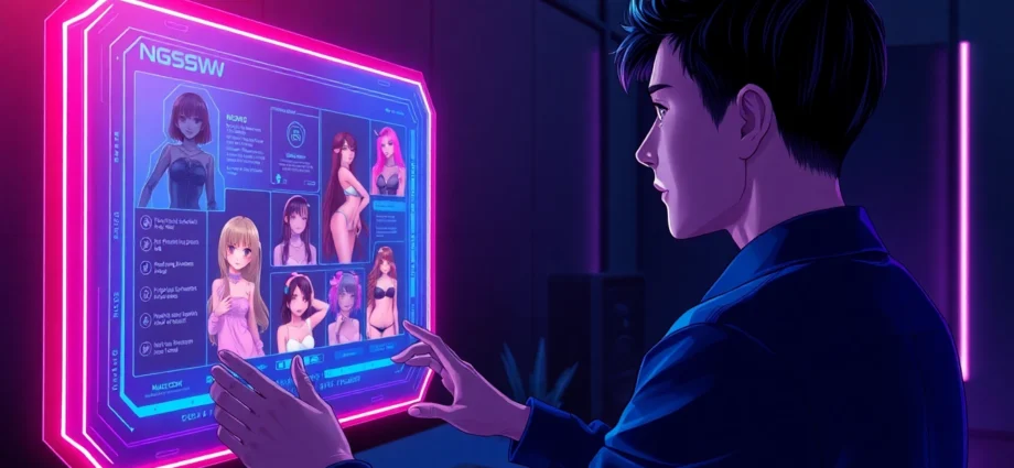Futuristic AI interface displaying hyper-realistic NSFW visuals in a high-tech workspace