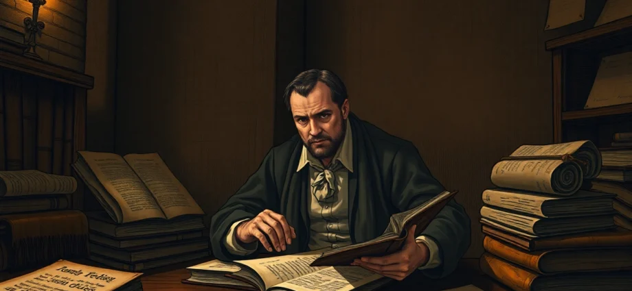 A historical scene of a scholar in a dimly lit study with old books and stains on the wall