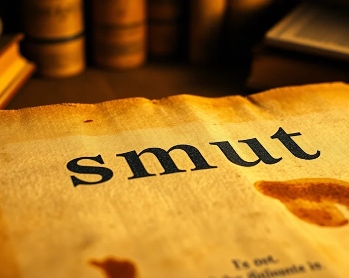 Close-up of aged parchment with stains and old books in the background, evoking historical research on the word "smut."