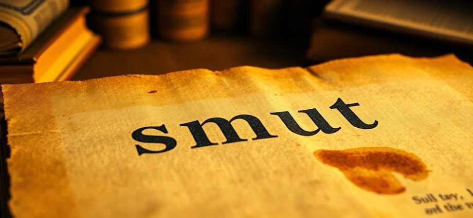 Close-up of aged parchment with stains and old books in the background, evoking historical research on the word "smut."