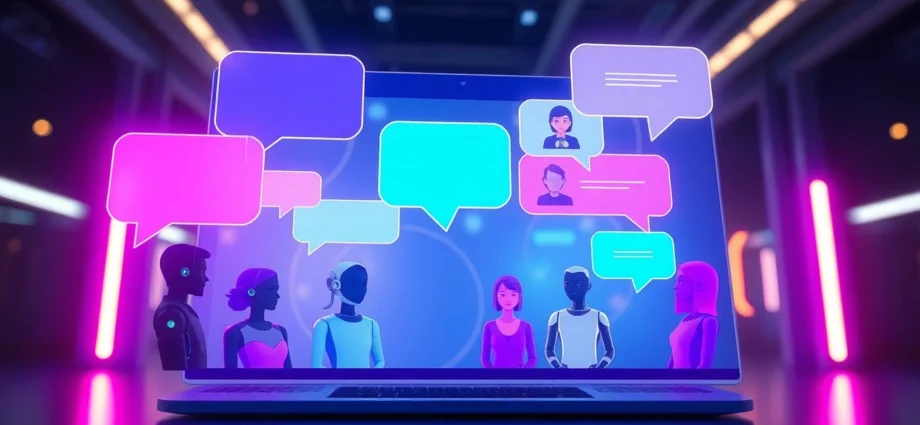 Futuristic chat interface with diverse AI characters engaging in conversation on a sleek digital screen.