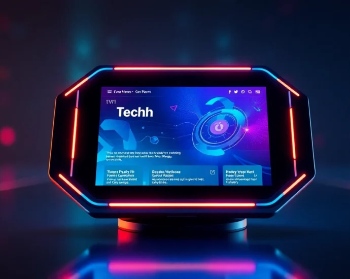 Showcase of a sleek device highlighting Tech App News updates in a vibrant, modern setting