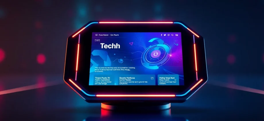 Showcase of a sleek device highlighting Tech App News updates in a vibrant, modern setting