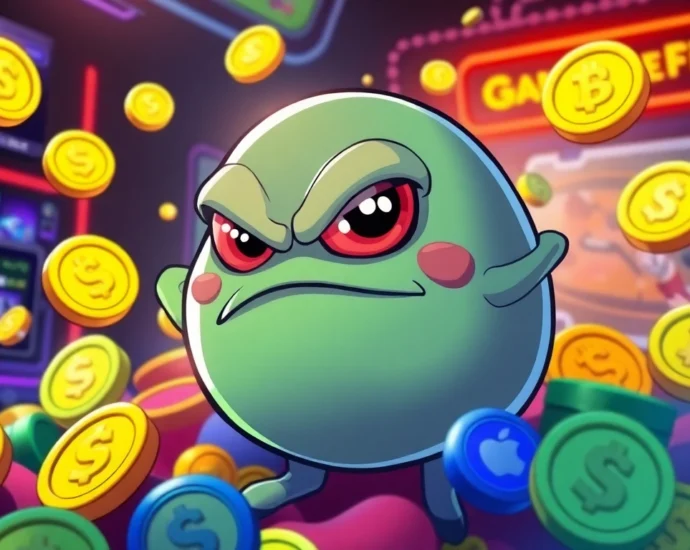 Engaging scene featuring Angry Pepe Meme Coins with GambleFi gaming elements and