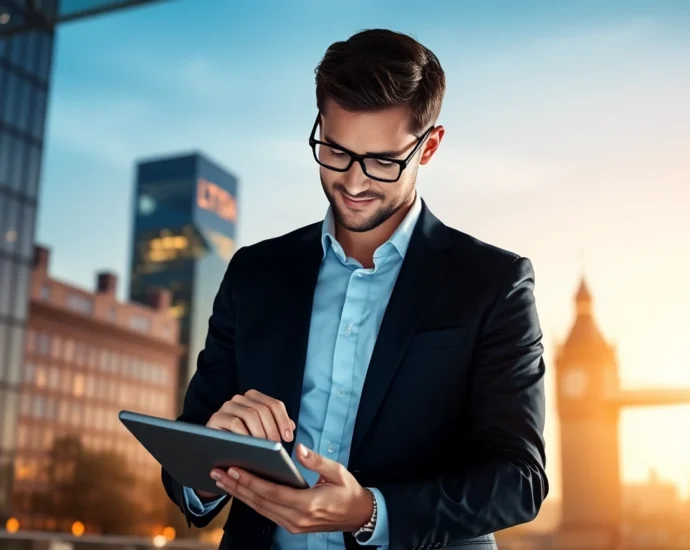 Buying Shares UK guide showing an investor analyzing stock charts with a UK city skyline,
