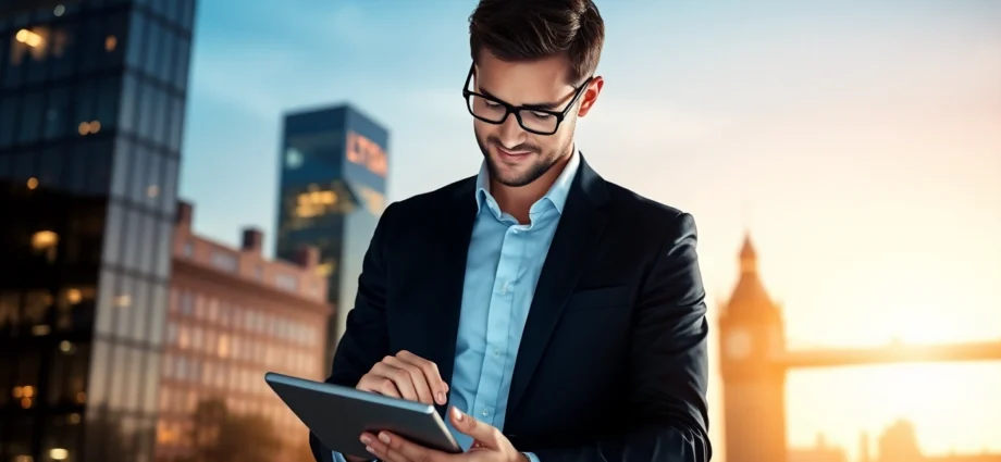 Buying Shares UK guide showing an investor analyzing stock charts with a UK city skyline,