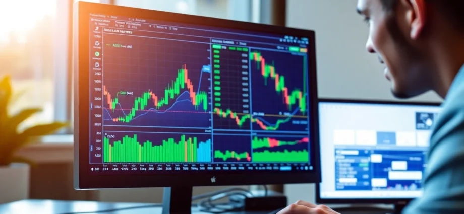 Online Trading Guide Professional trader analyzing financial charts on a sleek digital platform