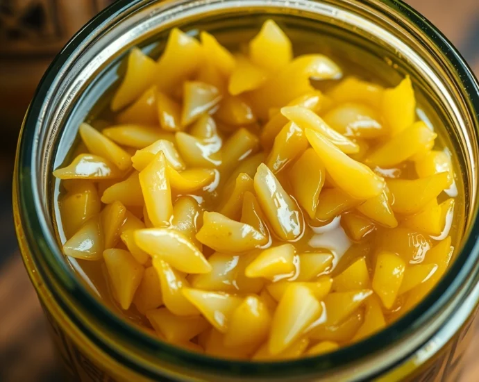 Premium Minced Garlic in oil displayed in a glass jar with fresh garlic cloves and oil,